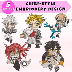 Pode incluir: Design de bordado em estilo chibi com cinco personagens únicos em estilo anime. Cada personagem tem cores de cabelo e roupas distintas, com contornos arrojados. O design inclui o texto "5 Designs" e "Chibi-Style Embroidery Design".