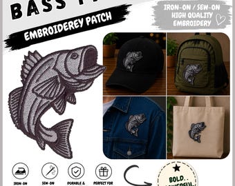 Bass Fish Embroidered Patch Iron On Sew On, Fishing Applique Badge, Angler Gift for Jacket Backpack Hat