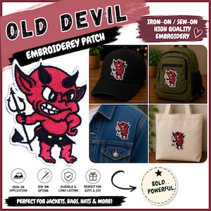 May include: An embroidered patch featuring a red devil character with black horns, a black tail, and a black pitchfork. The patch is shown applied to a black baseball cap, an olive green backpack, a blue denim jacket, and a white canvas tote bag.