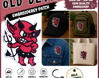 Old Devil Embroidered Patch, Iron On Sew On Devil Mascot Patch for Jacket Hat Backpack, Retro Devil Gift, Custom Trident Applique