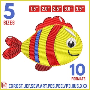 Peut inclure: Motif de poisson brodé en jaune, rouge et bleu. L'image comprend du texte indiquant 5 tailles, allant de 3,8 cm à 8,9 cm, et 10 formats. Le poisson a un visage souriant et convient aux projets de broderie.