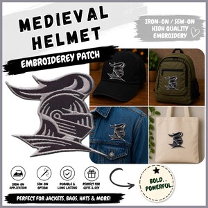 May include: An embroidered patch featuring a black and white medieval helmet design. The patch is shown applied to a black baseball cap, an olive green backpack, a blue denim jacket, and a beige tote bag. Text includes MEDIEVAL HELMET.