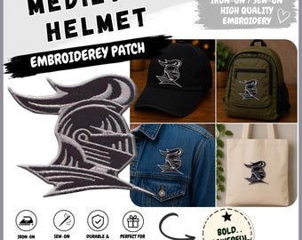 Medieval Knight Helmet Embroidered Patch, Iron On Sew On Warrior Patch for Jacket Hat Backpack, Fantasy Gift for Him, Custom Armor Applique