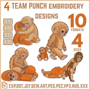 May include: An image showcasing four monkey embroidery designs in brown and orange hues. The image includes text indicating 10 formats and 4 sizes. The sizes are listed as 2.5", 3.0", 3.5", and 4.0".