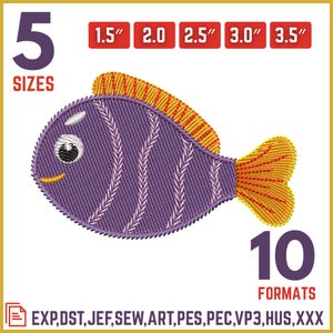 May include: A purple embroidered fish design with a yellow fin and tail. The design is available in 5 sizes: 1.5", 2.0", 2.5", 3.0", and 3.5". The design is available in 10 formats, including EXP, DST, JEF, SEW, ART, PES, PEC, VP3, HUS, and XXX.