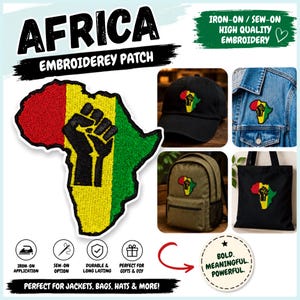 May include: An embroidered patch shaped like the continent of Africa, featuring vertical red, yellow, and green stripes with a black raised fist graphic. The patch is shown applied to a black baseball cap, a denim jacket, a backpack, and a tote bag.