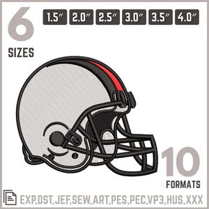 May include: An embroidered football helmet design in black, white, and red. The image includes size options from 1.5" to 4.0" and lists 10 formats. The word "SIZES" and the number "6" are also displayed.
