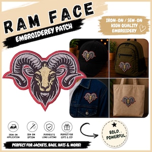 May include: An embroidered ram face patch featuring a detailed head with large curved horns in shades of grey, tan, and dark brown, outlined in red. The patch is shown applied to a black baseball cap, a green backpack, and a blue denim jacket.