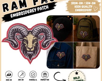 Ram Head Patch Iron On, Embroidered Ram Face Patch, Mascot Patch for Jacket Hat Bag, Sew On Ram Applique, Ram Lover Gift