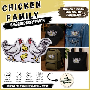 May include: An embroidered patch featuring a white hen and rooster with two yellow chicks. The patch is shown applied to a black baseball cap, a blue denim jacket, an olive green backpack, and a black tote bag. Text includes CHICKEN FAMILY.