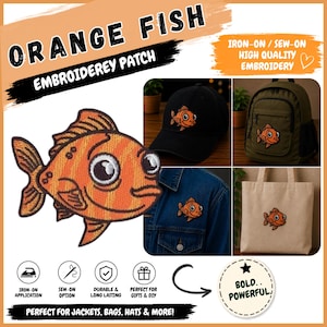 May include: An embroidered patch featuring a cartoon orange fish with dark orange stripes, large white eyes, and black pupils. The patch is shown applied to a black baseball cap, a blue denim jacket, and a beige canvas tote bag for display.