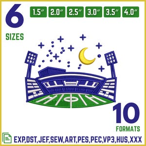 May include: An embroidered stadium design in blue, white, and green, with a yellow crescent moon and stars. The image includes text indicating 6 sizes and 10 formats, with measurements ranging from 3.8 cm to 10.2 cm.