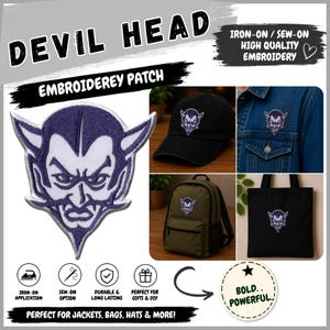 May include: An embroidered patch featuring a purple and white devil head design. The patch is shown applied to a black baseball cap, a blue denim jacket, an olive green backpack, and a black tote bag. Text includes DEVIL HEAD and BOLD.. POWERFUL.