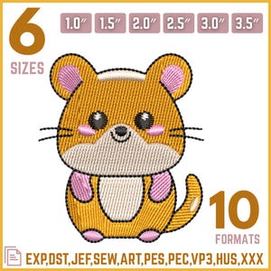 Peut inclure: Motif brodé d'un mignon hamster aux tons orange, rose et blanc. Le motif est disponible en 6 tailles, allant de 2,5 cm à 8,9 cm, et 10 formats, dont EXP, DST, JEF, SEW, ART, PES, PEC, VP3, HUS et XXX.