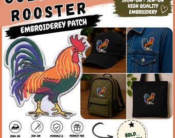 Rooster Patch Embroidered Iron On, Colorful Chicken Applique Sew On, Patch for Jacket Hat Bag, Farm Animal Gift, 3x3.25 Inch
