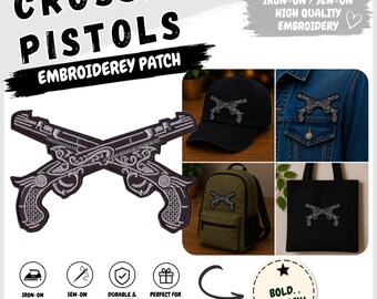 Crossed Pistol Embroidery Patch | Iron-On Sew-On Western Gun Patch | Cowboy Style Jacket Hat Backpack Biker Vest Applique