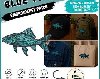 Blue Fish Embroidered Patch Iron On Sew On, Fishing Applique Badge, Angler Gift for Jacket Backpack Hat
