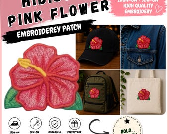 Pink Hibiscus Flower Embroidery Patch Iron On Sew On | Tropical Floral Embroidered Applique for Jackets, Hats, Backpacks, Tote Bags & DIY