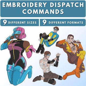 Puede incluir: Imagen con el texto "EMBROIDERY DISPATCH COMMANDS" y figuras bordadas de superhéroes. También incluye el texto "9 DIFFERENT SIZES" y "9 DIFFERENT FORMATS".