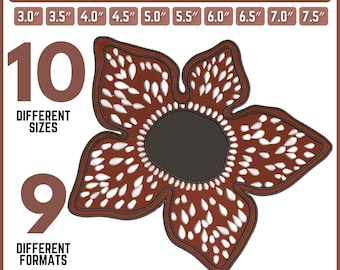 May include: An embroidery design featuring a flower beast with a brown and white color scheme. The design is available in 10 different sizes, ranging from 3.0" to 7.5", and 9 different formats. The text "FLOWER BEAST EMBROIDERY DESIGN" is at the top.