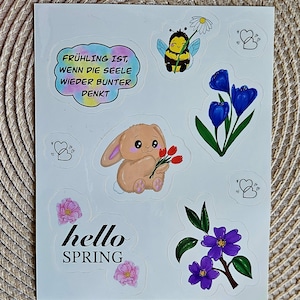 Frühlingssticker, handgemalt, Stickersheet, 9 Aufkleber 16x13 cm, Blumen, Herzen, Sprüche, Vinylaufkleber, zum Sammeln oder Verschenken