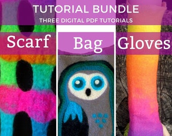 PDF Felting Tutorials. Bundled Lattice Scarf, Bag, Fingerless Gloves