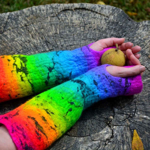 Rainbow Fingerless Gloves. Felted Arm Warmers. Handmade Merino Wool Fingerless Mittens.