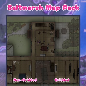 May include: A digital map pack labelled "Saltmarsh Map Pack" showing a detailed, top-down view of a building with gridded and non-gridded versions. The map includes interior rooms, outdoor areas, and the logo of "The Kobold Guild".