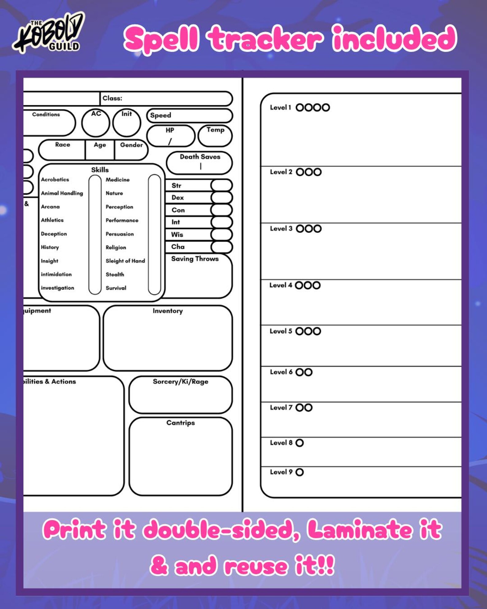 Printable D&D 5e Character Sheet, Spell Tracker, Notes | A4 PDF - Etsy