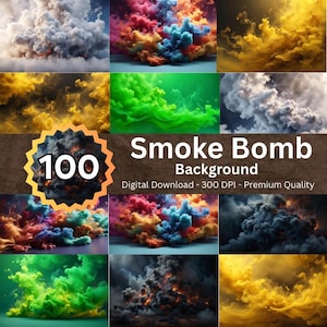 May include: A collection of colorful smoke bomb backgrounds. The images feature vibrant clouds of red, blue, yellow, green, and gray smoke. The text "100 Smoke Bomb Background" is displayed with "Digital Download - 300 DPI - Premium Quality".