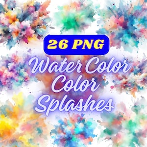 May include: A collection of watercolor splashes in various colors, including pink, blue, yellow, and green. The image includes the text "26 PNG" in a blue rectangle and "Water Color Color Splashes" in a cursive font.