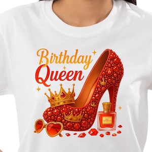 Birthday Queen PNG Sublimation Design, Instant Digital Download, Glitter High Heel & Crown, Girly 300 DPI Clipart