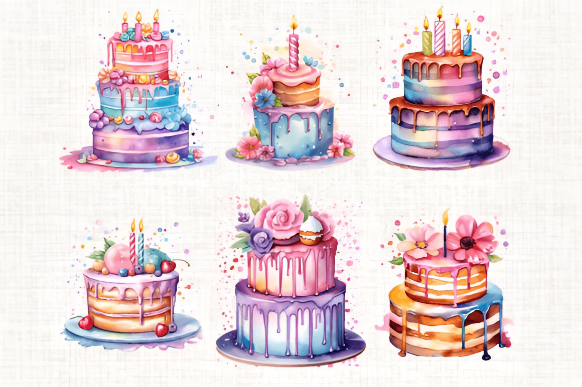 Watercolor Birthday Clipart Bundle, 30 PNG Cakes Balloons Gifts, Party ...