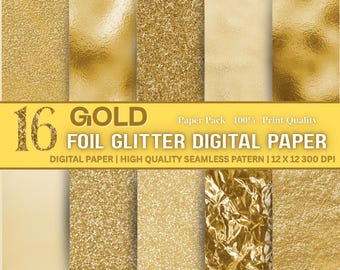 Gold Foil Digital Paper Pack - 16 Glitter Textures, Metallic Scrapbook Backgrounds, Seamless Luxury Printable Paper (Digital Download)