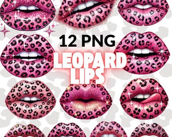 Pink Leopard Lips Clipart | Glitter Lip PNG Bundle for Sublimation | T-Shirts, Mugs & Crafts | Digital Download
