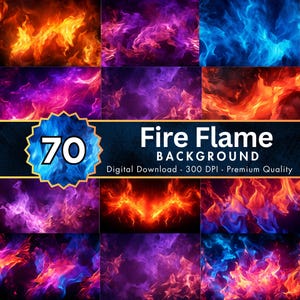 Peut inclure: Un téléchargement numérique présentant 70 arrière-plans de flammes de feu de différentes couleurs, dont orange, rouge, violet et bleu. L'image comprend le texte "Fire Flame Background" et "Digital Download - 300 DPI - Premium Quality."