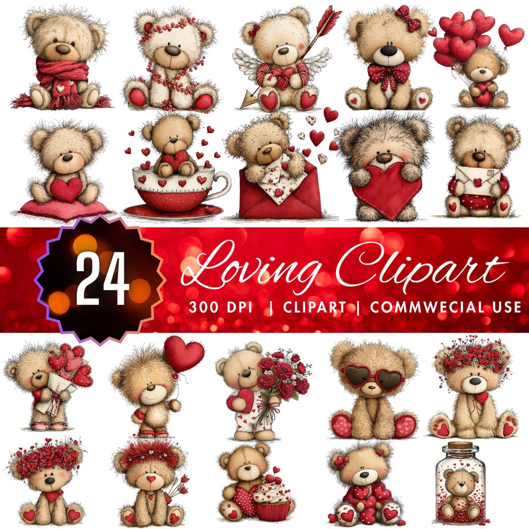 Valentine Teddy Bear Clipart Bundle, Cute Watercolor Bears PNG, Kids ...