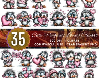 Schattige pinguïn Valentijn clipartbundel png, aquarel liefdespinguïns, romantische pinguïnafbeeldingen, commercieel gebruik transparante png,