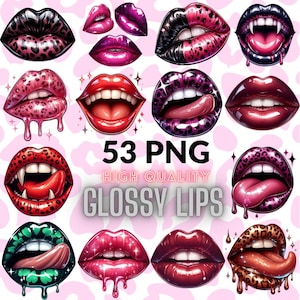 Paquete PNG de labios brillantes / 53 imágenes prediseñadas de labios goteantes para sublimación, pegatinas y camisetas / Arte de labios sensuales, descarga digital de labios rojos y rosados brillantes