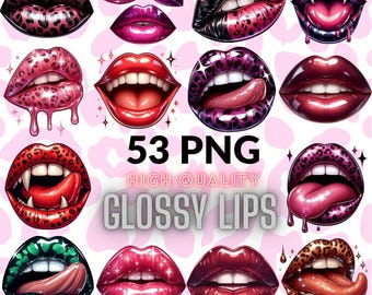 Paquete PNG de labios brillantes / 53 imágenes prediseñadas de labios goteantes para sublimación, pegatinas y camisetas / Arte de labios sensuales, descarga digital de labios rojos y rosados brillantes