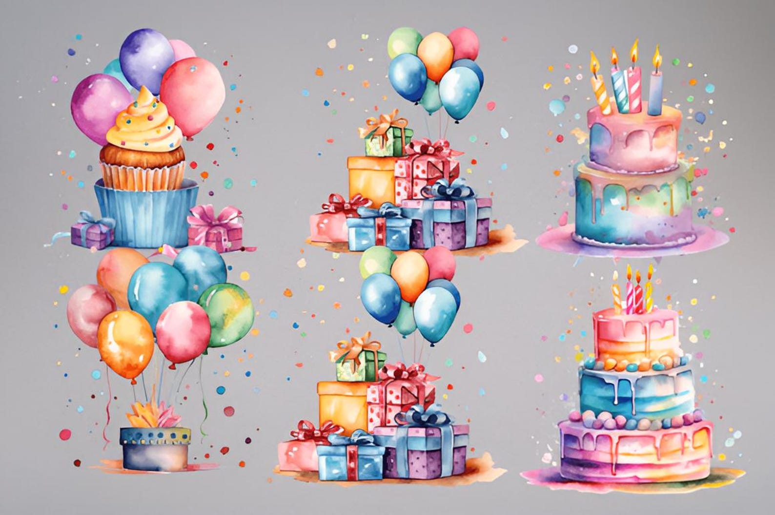 Watercolor Birthday Clipart Bundle, 30 PNG Cakes Balloons Gifts, Party ...