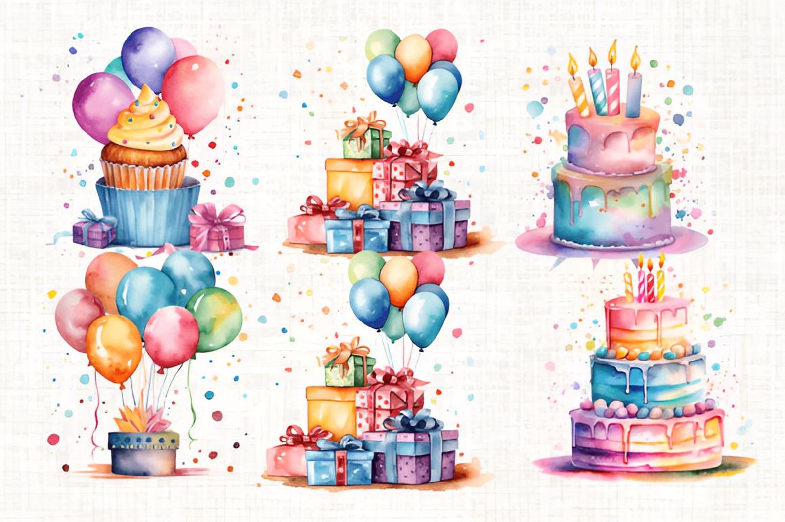 Watercolor Birthday Clipart Bundle, 30 PNG Cakes Balloons Gifts, Party ...