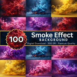 Puede incluir: Una composición de arte digital con nueve paneles de efectos de humo vibrantes y coloridos. El humo aparece en tonos de rojo, azul, amarillo, rosa y morado. La imagen incluye el texto "100 Smoke Effect Background" y "Digital Download - 300 DPI - Premium Quality."
