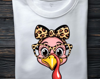 Thankful Turkey PNG, Preppy Leopard Bow Thanksgiving Design, Cute Fall Turkey Sublimation, Fall Season Png, Trendy Autumn Shirt Graphic