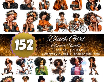 152 Black Girl Clipart Bundle PNG, Afro Girl Illustrations, Cute & Fashionable Black Women, Denim Chibi Girl Png, 300 DPI, Commercial Use