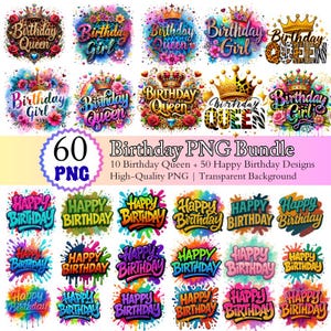 Birthday Queen PNG Bundle: Happy Birthday Clipart, Sublimation Designs (Digital Download, 300 DPI)