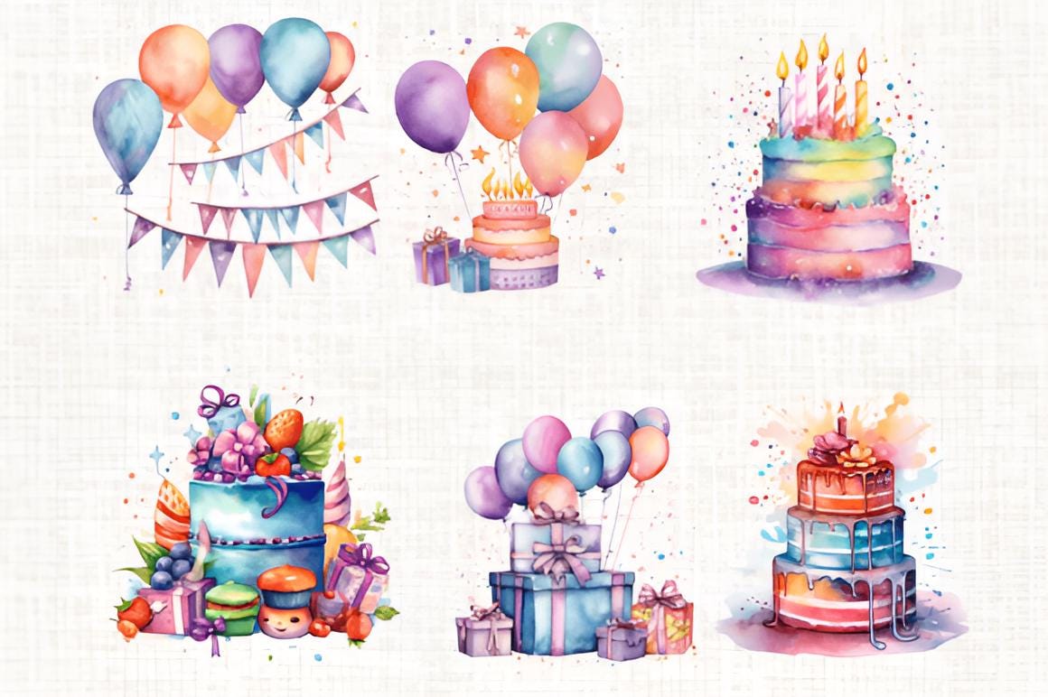Watercolor Birthday Clipart Bundle, 30 PNG Cakes Balloons Gifts, Party ...
