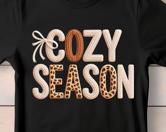 Cozy Season PNG, Faux Yarn Embroidery Winter Design, Trendy Leopard Christmas Cozy Season Sublimation PNG, Fall Autumn Vibes, Pumpkin Season