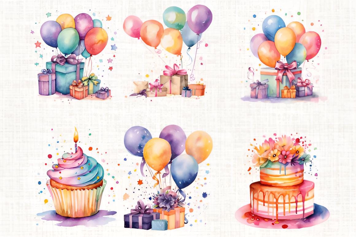 Watercolor Birthday Clipart Bundle, 30 PNG Cakes Balloons Gifts, Party ...