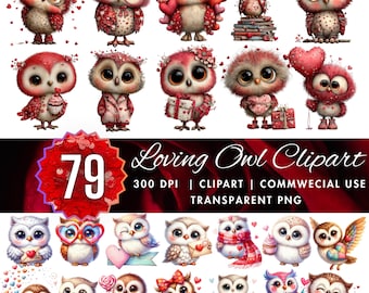May include: A collection of 20 cartoon owl clip art images. The owls are in various poses and colors, with many featuring hearts and Valentine's Day themes. The text "Loving Owl Clipart" is also present.